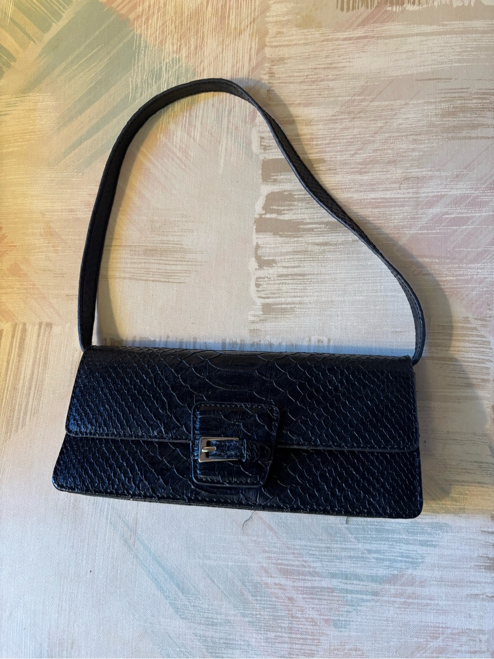 Liz Claiborne Black Snakeskin-Texture Shoulder Bag with Buckle